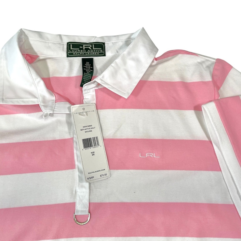 Lauren Active Ralph Lauren 2X Pink White Striped Polo Shirt Golfcore Preppy